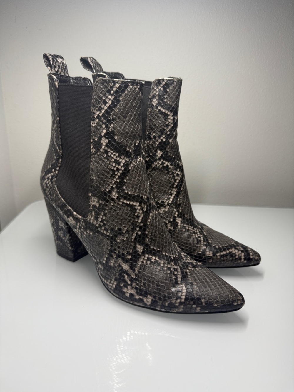 Steve Madden Snake-Print Pointed Toe Chelsea Booties - Black/Gray